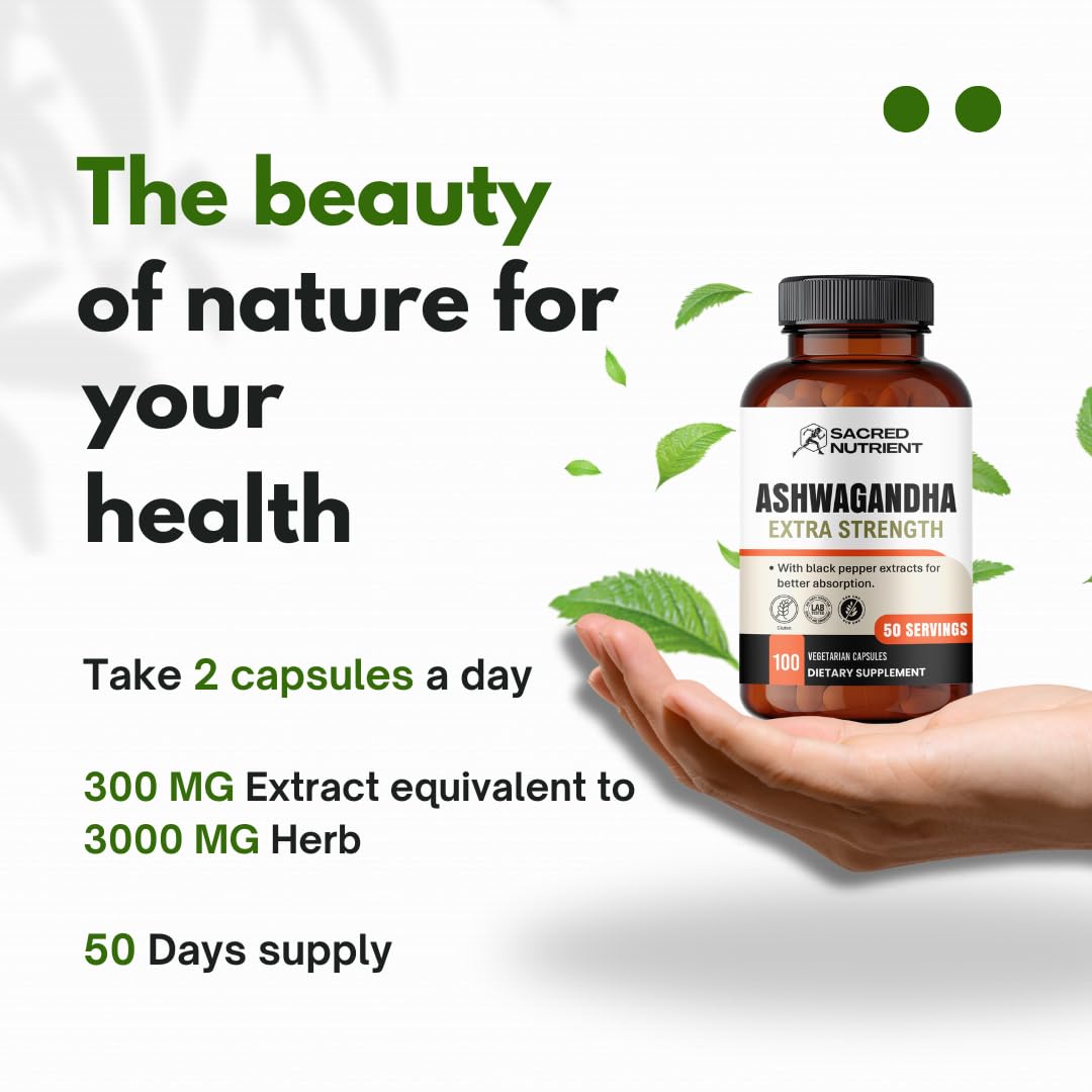 Sacred Nutrient Organic Ashwagandha Extra Strength – 300 mg Extract, Black Pepper, 100 Capsules