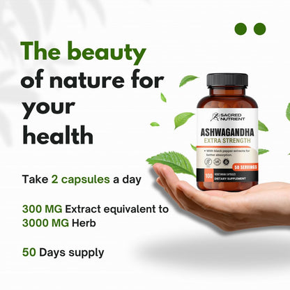 Sacred Nutrient Organic Ashwagandha Extra Strength – 300 mg Extract, Black Pepper, 100 Capsules