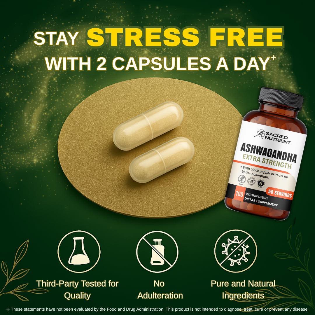 Sacred Nutrient Organic Ashwagandha Extra Strength – 300 mg Extract, Black Pepper, 100 Capsules