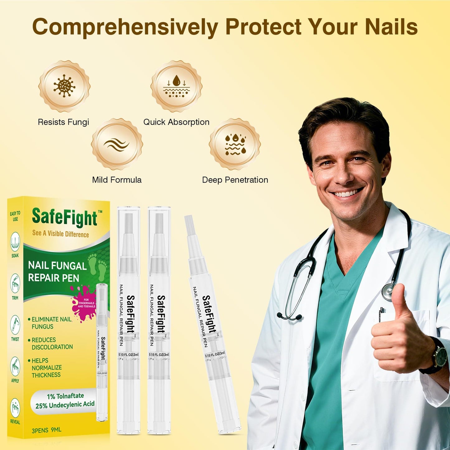 SafeFight Toenail Fungi Treatment Extra Strength Pen – 3-Pack with 25% Undecylenic Acid