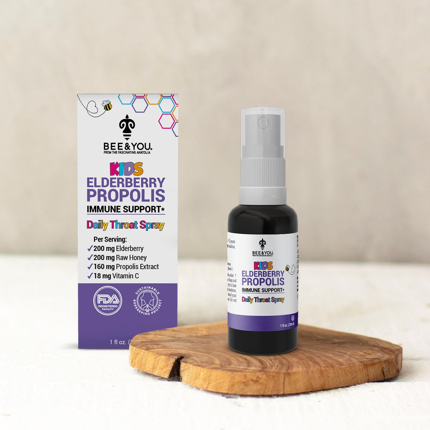 Bee and You Kids Immune Support Throat Spray – Elderberry, Propolis, Vitamin C (1 oz)