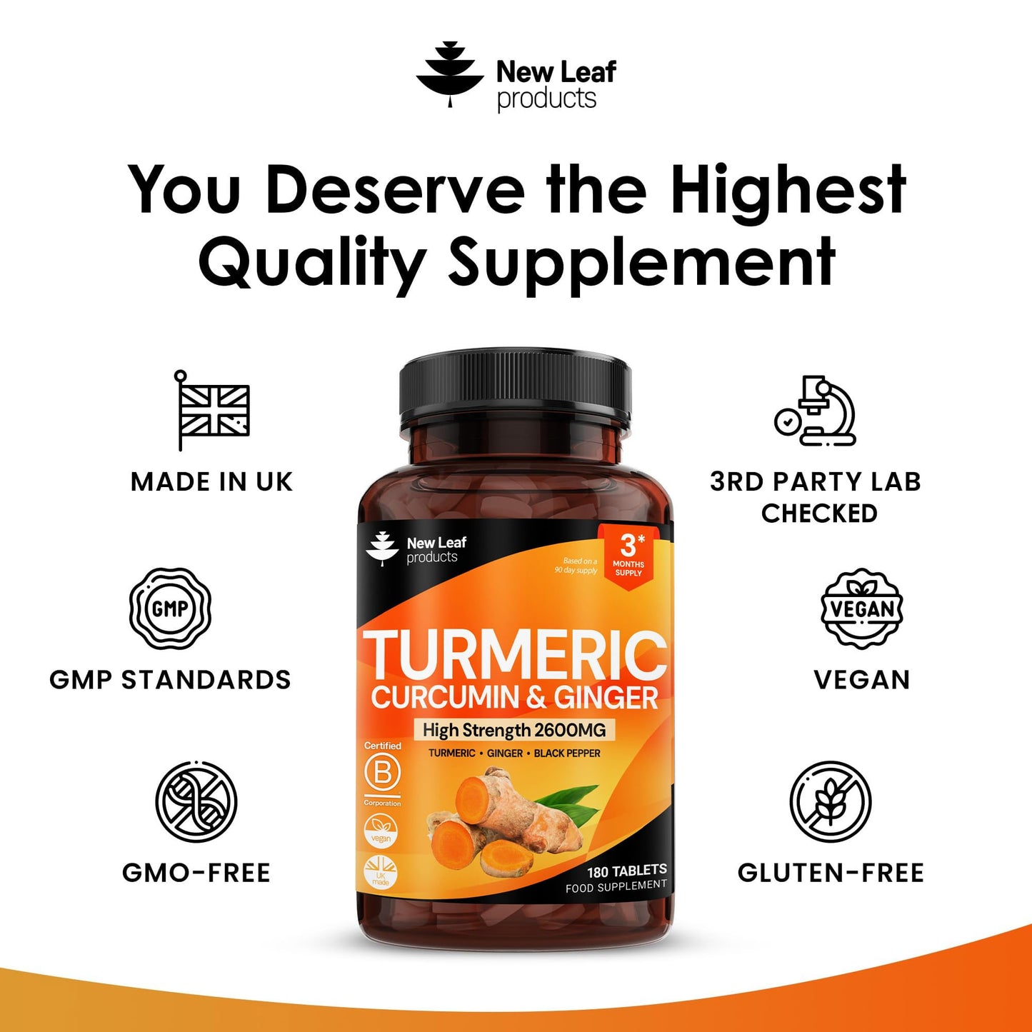 Turmeric Tablets with Black Pepper & Ginger - Curcumin 180 Tablets | New Leaf