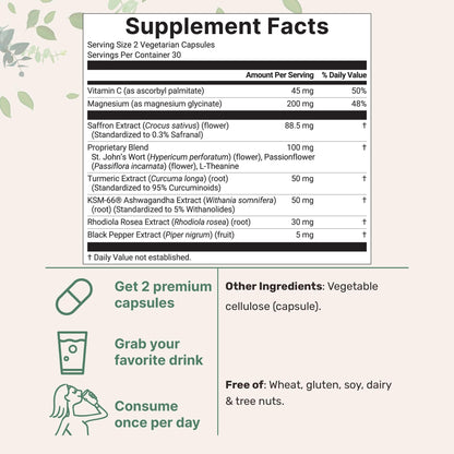 Saffron+ Advanced Supplements, 60 Veggie Capsules | 10-in-1 with Saffron Extract, High Absorption Fat-Soluble Vitamin C, Magnesium, Turmeric & KSM-66 Ashwagandha| Mood & Energy Support* | Filler Free
