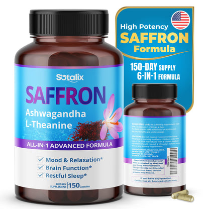 Saffron with Ashwagandha, Ginseng, L-Theanine, Relaxation, Restore – USA Made & Tested (150-day Supply, Pack of 1)
