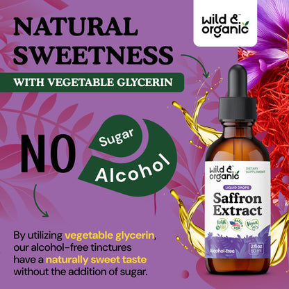 Wild & Organic Saffron Drops - 88.5 mg Saffron Supplement for Mood, Brain, Vision Support - Crocus Sativus Liquid Extract - Vegan, Sugar & Alcohol-Free Tincture - 2 fl oz