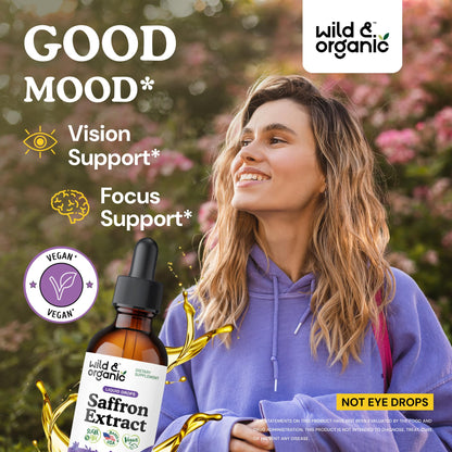 Wild & Organic Saffron Drops - 88.5 mg Saffron Supplement for Mood, Brain, Vision Support - Crocus Sativus Liquid Extract - Vegan, Sugar & Alcohol-Free Tincture - 2 fl oz