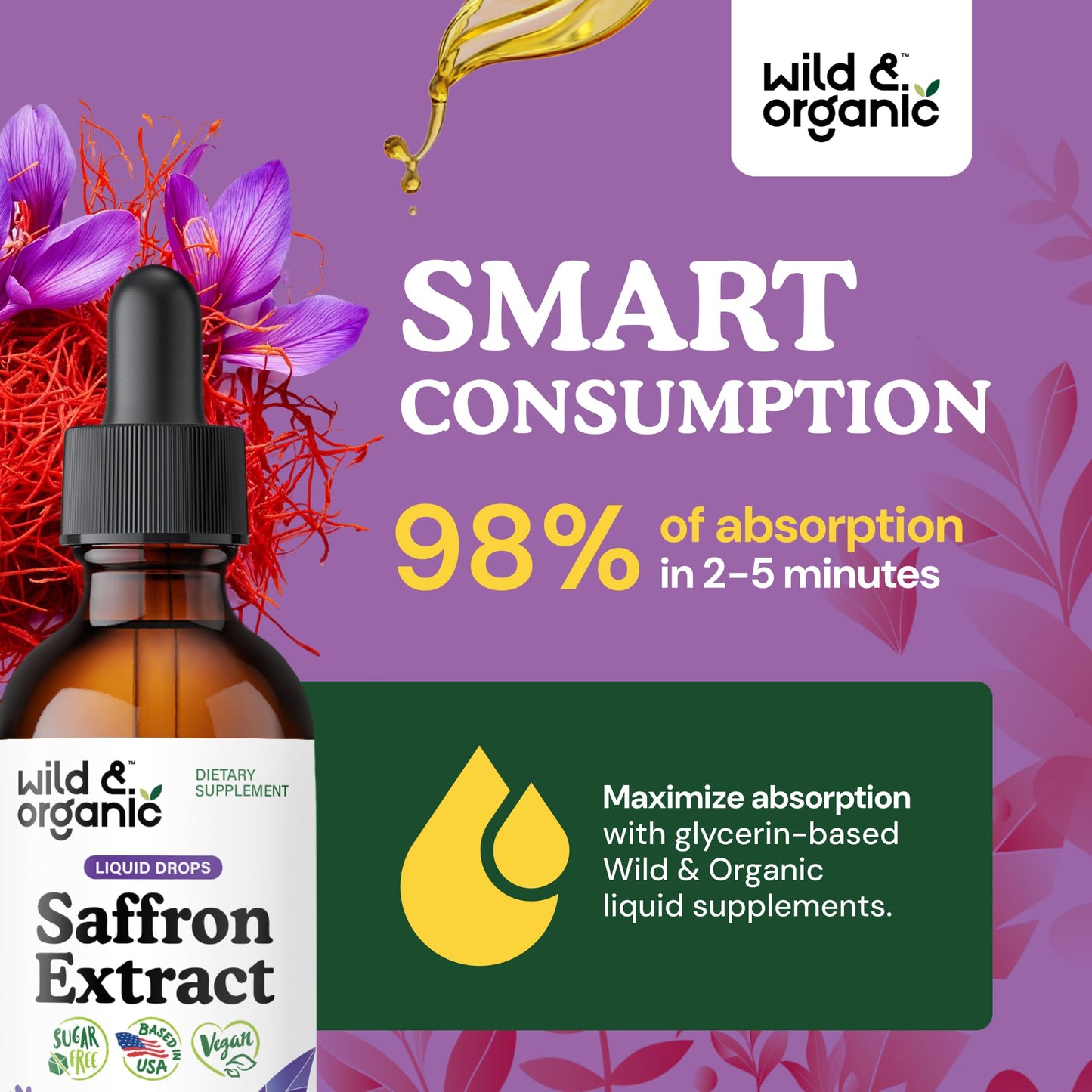Wild & Organic Saffron Drops - 88.5 mg Saffron Supplement for Mood, Brain, Vision Support - Crocus Sativus Liquid Extract - Vegan, Sugar & Alcohol-Free Tincture - 2 fl oz