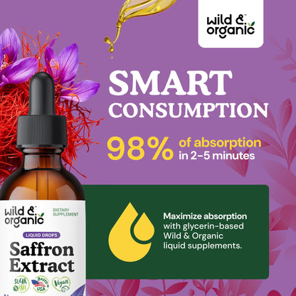 Wild & Organic Saffron Drops - 88.5 mg Saffron Supplement for Mood, Brain, Vision Support - Crocus Sativus Liquid Extract - Vegan, Sugar & Alcohol-Free Tincture - 2 fl oz
