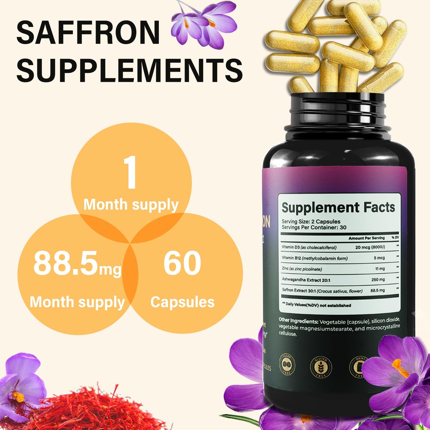 Saffron Extract Capsules 88.5mg – Mood, Energy & Vision Support | Vegan, Non-GMO, 60 Capsules