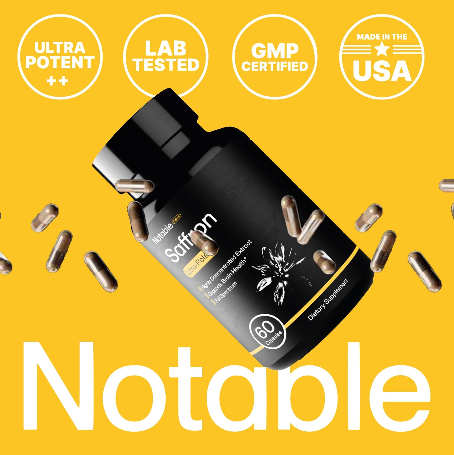 Notable Ultra-Potent Saffron Extract Capsules | 30mg | 20% Polyphenols, 7.5% Crocins, and 3% Safranal | Supports Mood, Eye Health, Memory, & Focus | 60 Day Supply