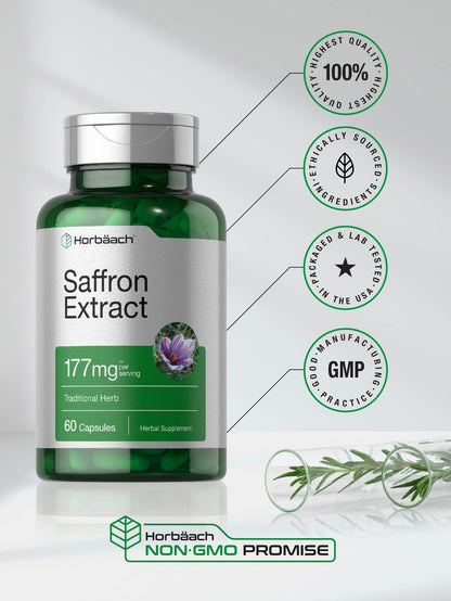 Horbaach Saffron Extract Capsules | 177 mg per Serving | 60 Pills | Non-GMO, Gluten Free
