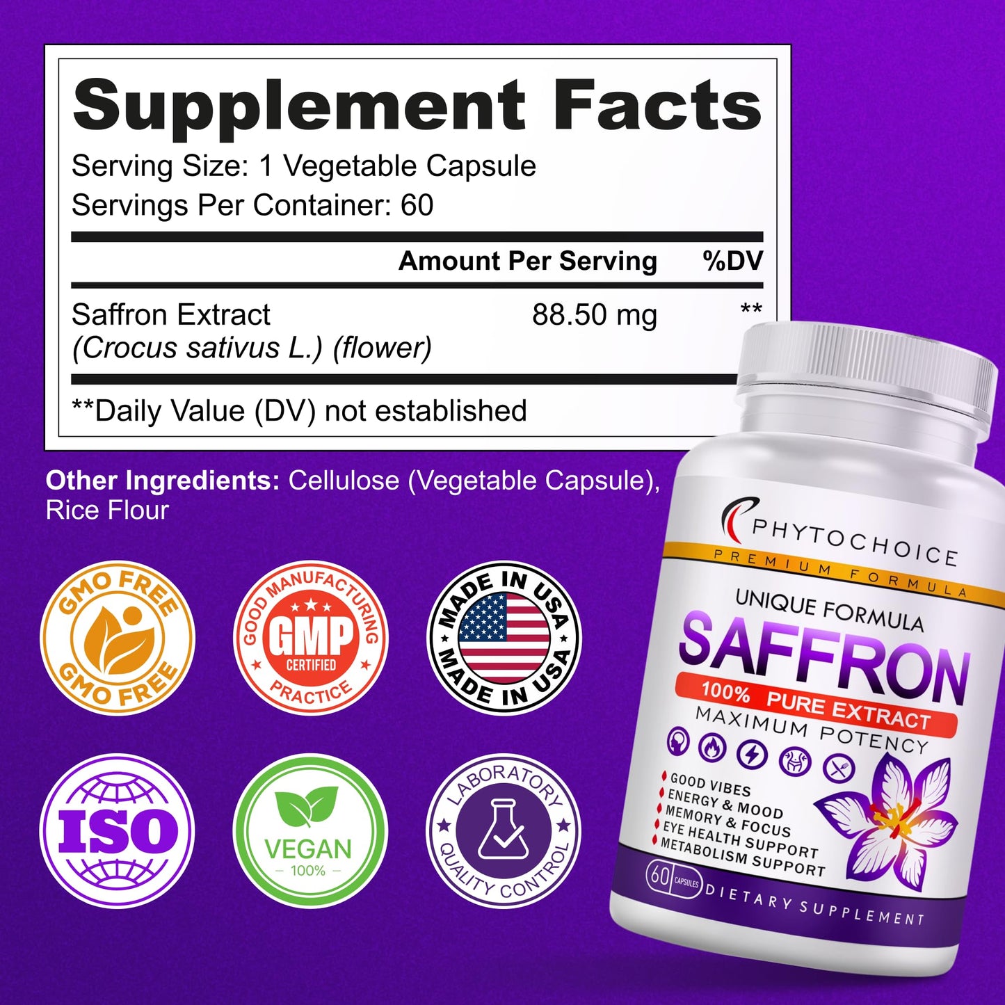 Saffron Extract Capsules 88.5 mg – Mood, Focus & Eye Health | Made in USA (120 Capsules)