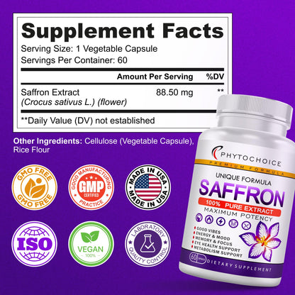Saffron Extract Capsules 88.5 mg – Mood, Focus & Eye Health | Made in USA (120 Capsules)