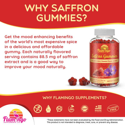 Saffron Gummies – Sugar Free Saffron Supplement with GABA, St. John's Wort & Passion Flower | Focus & Mood Support (60 Gummies)