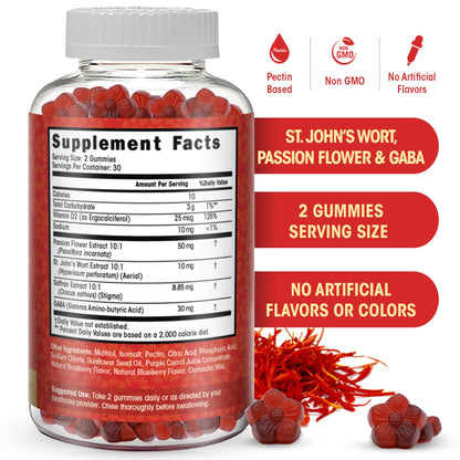 Saffron Gummies – Sugar Free Saffron Supplement with GABA, St. John's Wort & Passion Flower | Focus & Mood Support (60 Gummies)