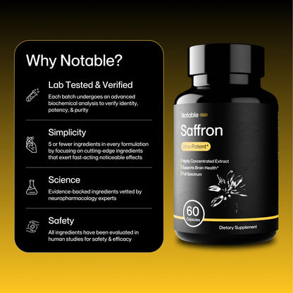 Notable Ultra-Potent Saffron Extract Capsules | 30mg | 20% Polyphenols, 7.5% Crocins, and 3% Safranal | Supports Mood, Eye Health, Memory, & Focus | 60 Day Supply