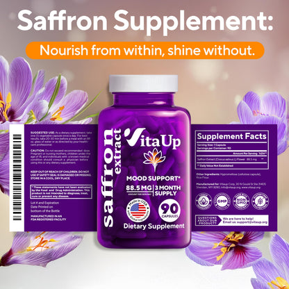 VitaUp Saffron Supplements – USA Made Saffron Extract 88.5 mg – Non-GMO, 90 Vegan Capsules | Mood, Energy & Cognitive Support