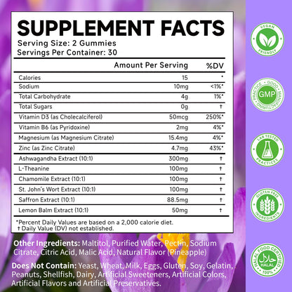 Saffron Gummies for Adults – 10-in-1 Cortisol Support with Saffron 88.5mg, Vitamin D3, B6, Magnesium, Zinc | 120 Count