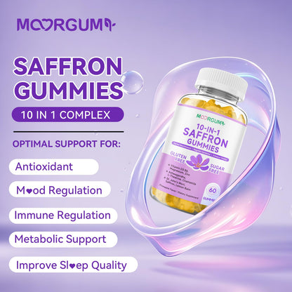 Saffron Gummies for Adults – 10-in-1 Cortisol Support with Saffron 88.5mg, Vitamin D3, B6, Magnesium, Zinc | 120 Count