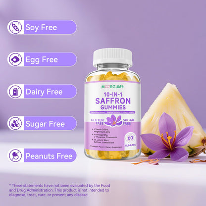 Saffron Gummies for Adults – 10-in-1 Cortisol Support with Saffron 88.5mg, Vitamin D3, B6, Magnesium, Zinc | 120 Count