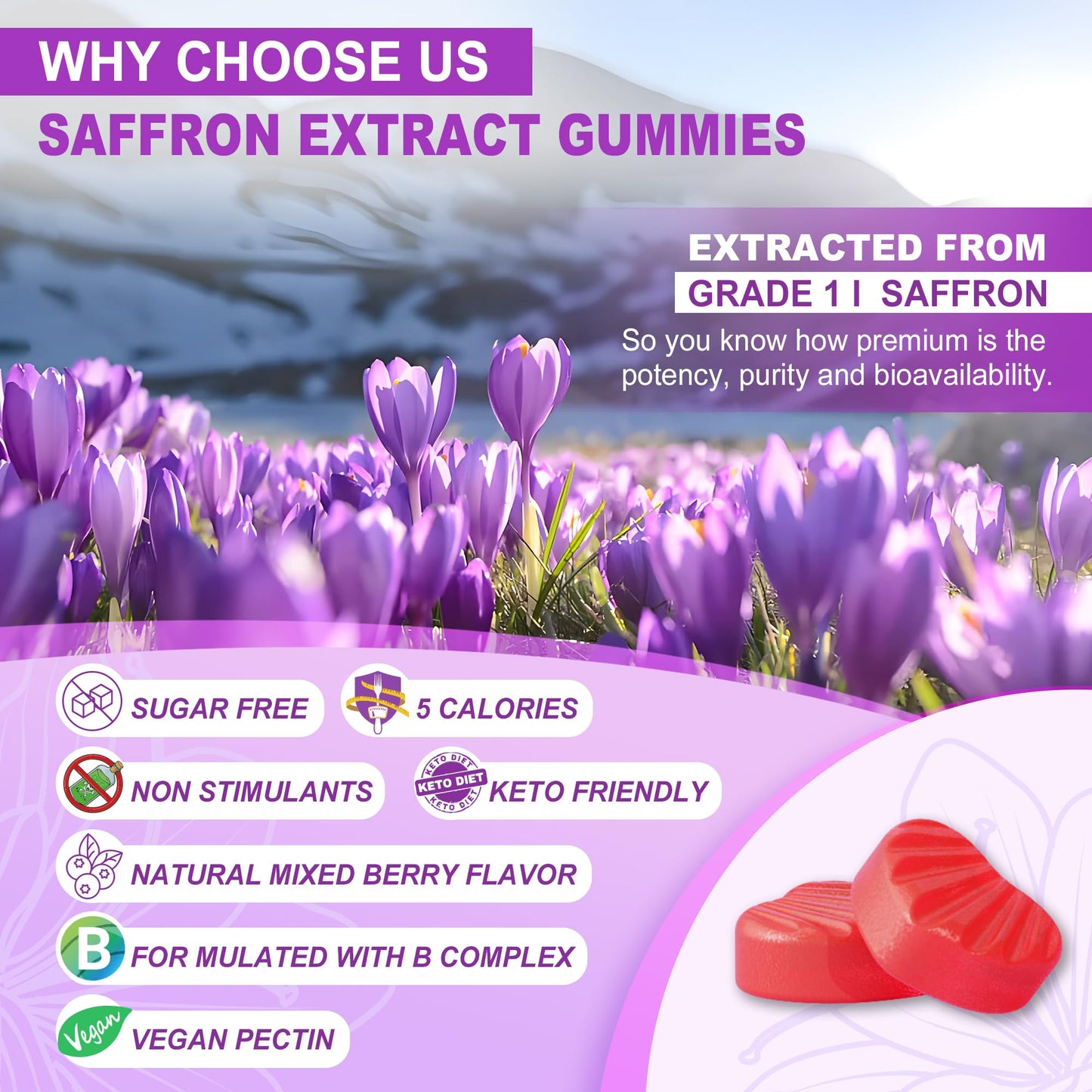 Saffron Gummies 100mg – 100% Pure Saffron Extract, Mood & Power (60 Count)