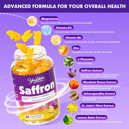 Saffron Gummies 88.5mg – Pineapple 60 Count | Magnesium, Rhodiola, Ashwagandha
