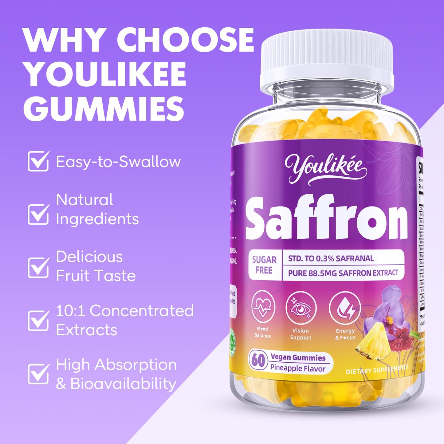 Saffron Gummies 88.5mg – Pineapple 60 Count | Magnesium, Rhodiola, Ashwagandha