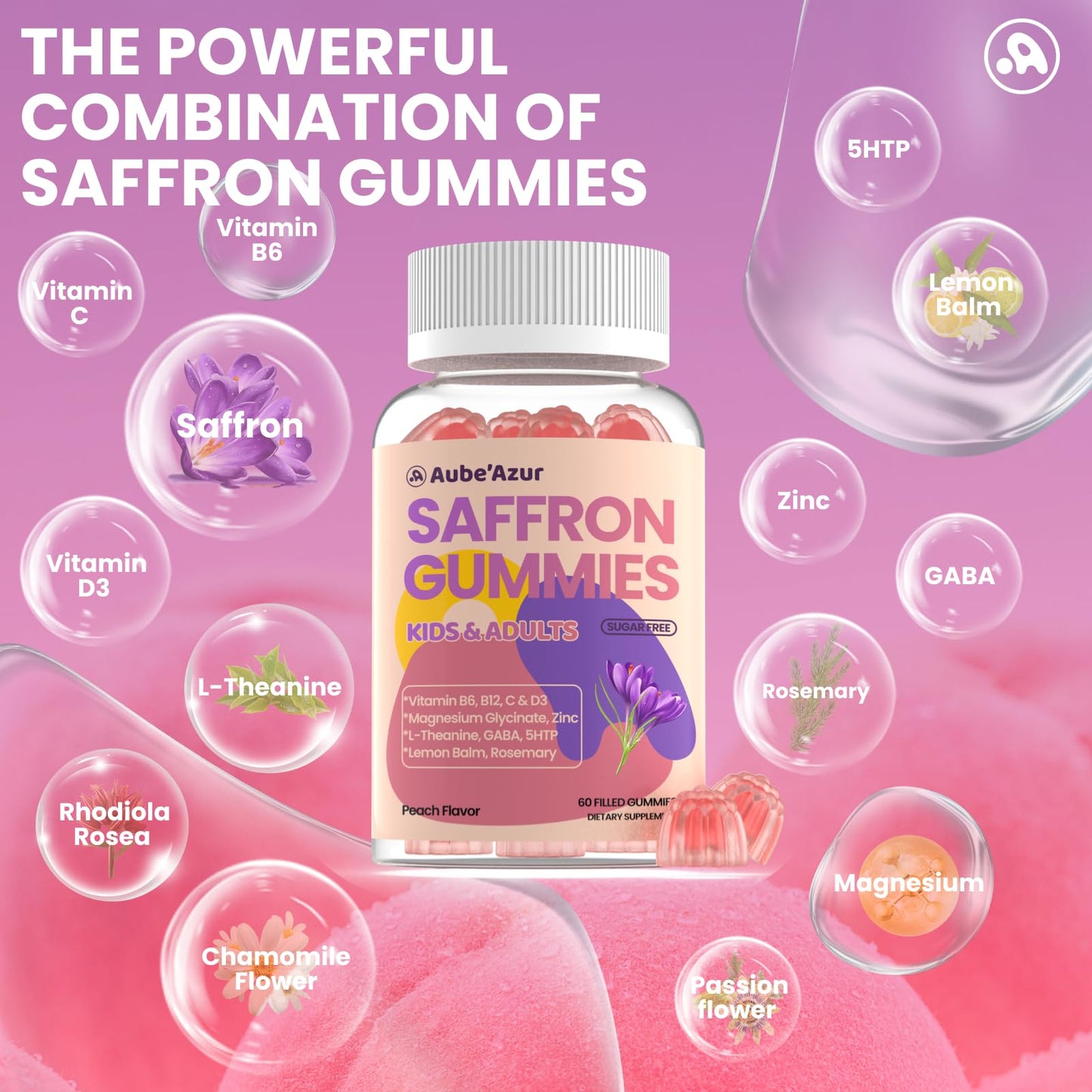 Saffron Gummies for Kids & Adults – 60 Count, 88.5mg, 15-in-1 Peach Flavor