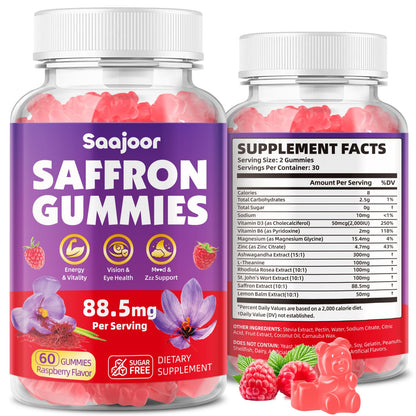 Saffron Gummies for Adult Kids - 88.5mg Saffron, Mood & Focus, Vegan Raspberry 60 Gummies