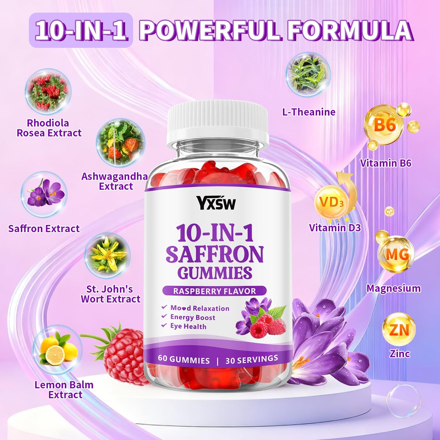 Saffron Gummies 60 Count – Raspberry Flavor, 10-in-1 Focus, Mood & Sleep Support