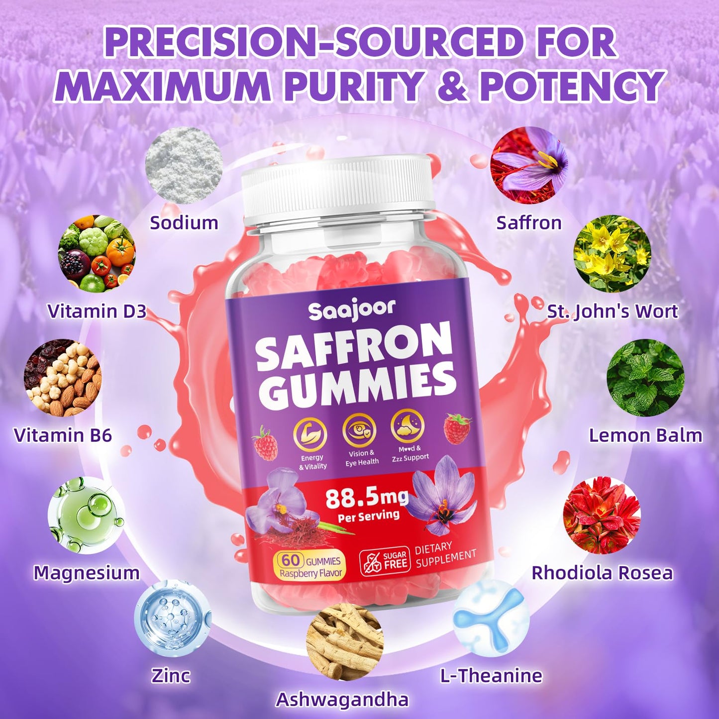 Vegan Saffron Gummies for Mood & Focus – Raspberry, 120 Gummies