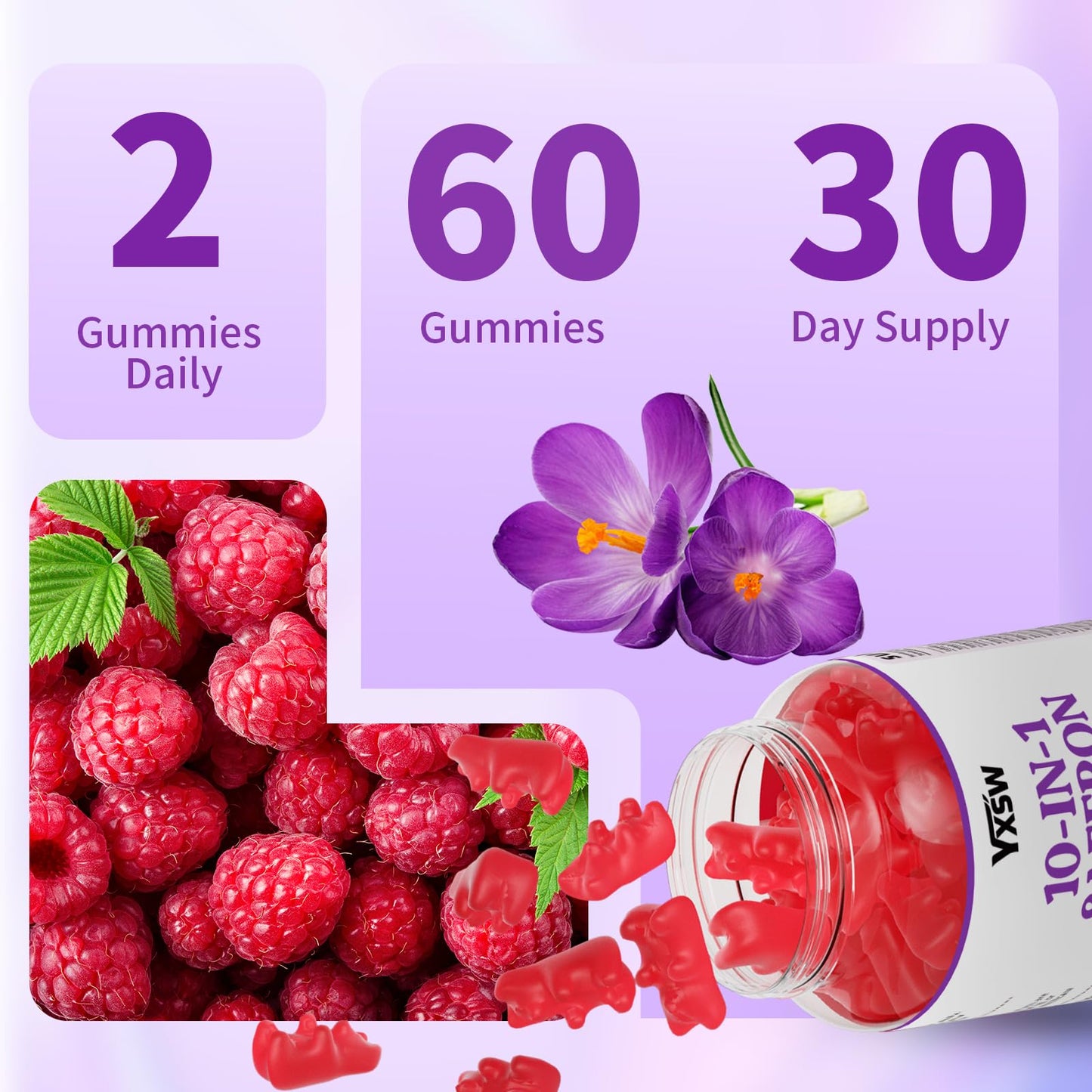 Saffron Gummies 60 Count – Raspberry Flavor, 10-in-1 Focus, Mood & Sleep Support