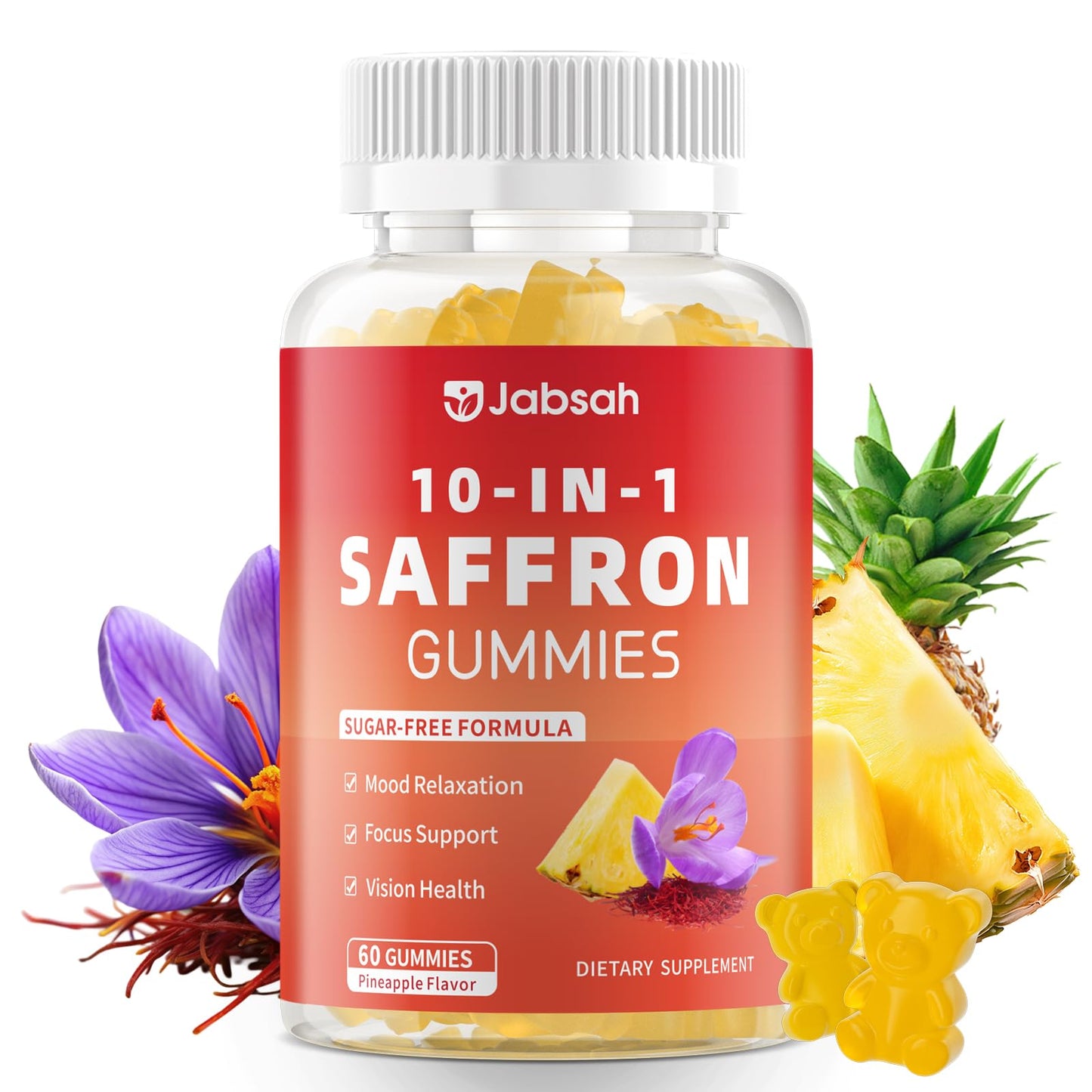 Melatonin-Free Saffron Gummies for Mood & Focus – 60 Count with 88.5 mg Saffron Extract, D3, B6, B12