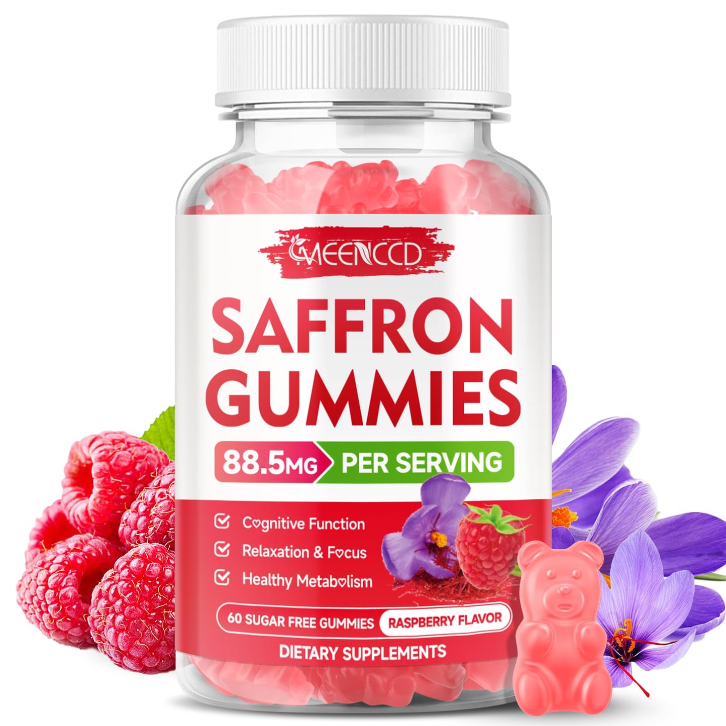 Saffron Gummies 60 Count - 10-in-1 Formula with Magnesium, L-Theanine, Rhodiola (Sugar-Free Raspberry)