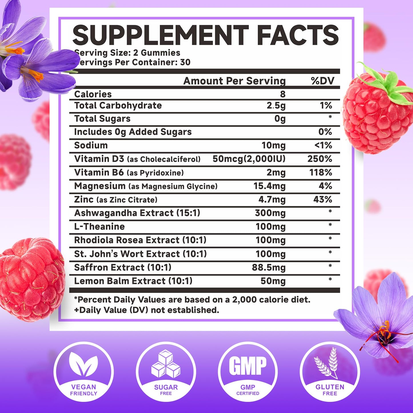 Saffron Gummies 60 Count - 10-in-1 Formula with Magnesium, L-Theanine, Rhodiola (Sugar-Free Raspberry)