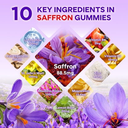 Saffron Gummies 60 Count - 10-in-1 Formula with Magnesium, L-Theanine, Rhodiola (Sugar-Free Raspberry)