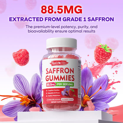 Saffron Gummies 60 Count - 10-in-1 Formula with Magnesium, L-Theanine, Rhodiola (Sugar-Free Raspberry)
