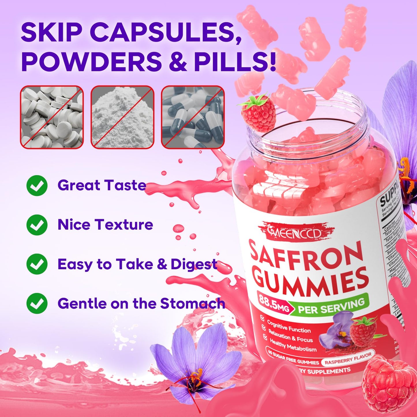 Saffron Gummies 60 Count - 10-in-1 Formula with Magnesium, L-Theanine, Rhodiola (Sugar-Free Raspberry)