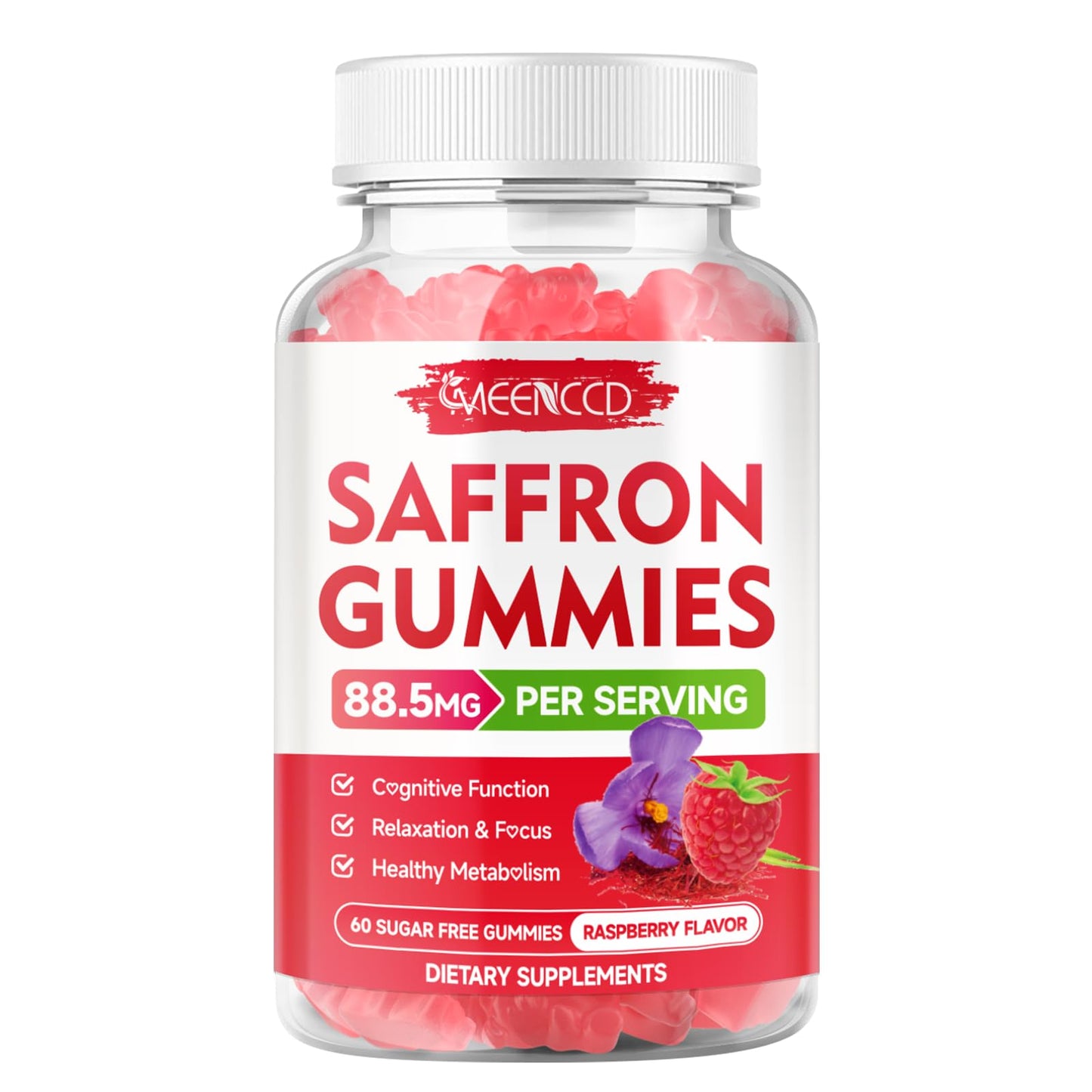 Saffron Gummies 60 Count - 10-in-1 Formula with Magnesium, L-Theanine, Rhodiola (Sugar-Free Raspberry)