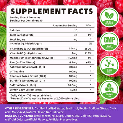 Saffron Gummies 60 Count – Raspberry Flavor, 10-in-1 Focus, Mood & Sleep Support