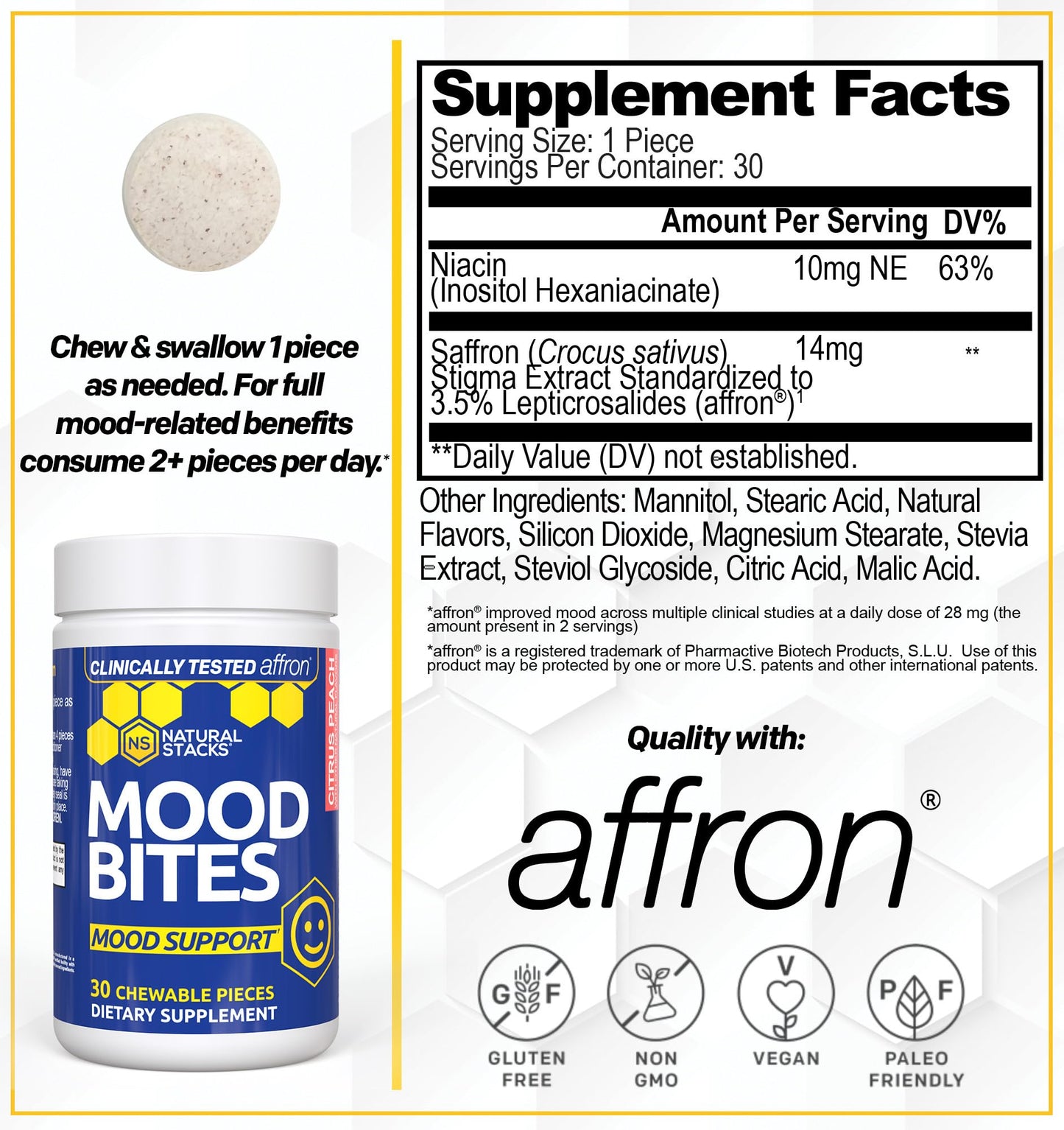 Mood Bites – Saffron + Vitamin B3 Mood Support (Affron) – 30 Citrus Peach Chewables