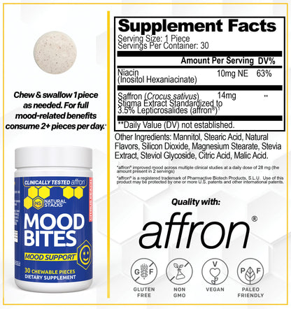Mood Bites – Saffron + Vitamin B3 Mood Support (Affron) – 30 Citrus Peach Chewables
