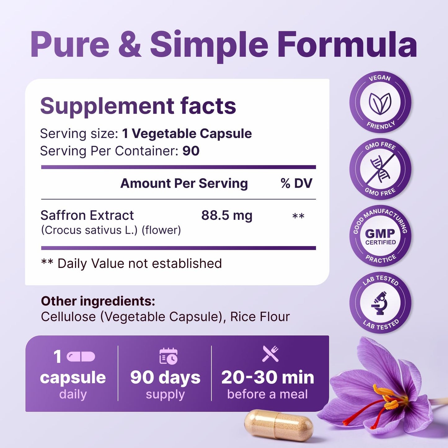 Saffron Supplements - 88.5 mg Pure Saffron Extract Capsules | Mood, Focus, Eye Health - Made in USA