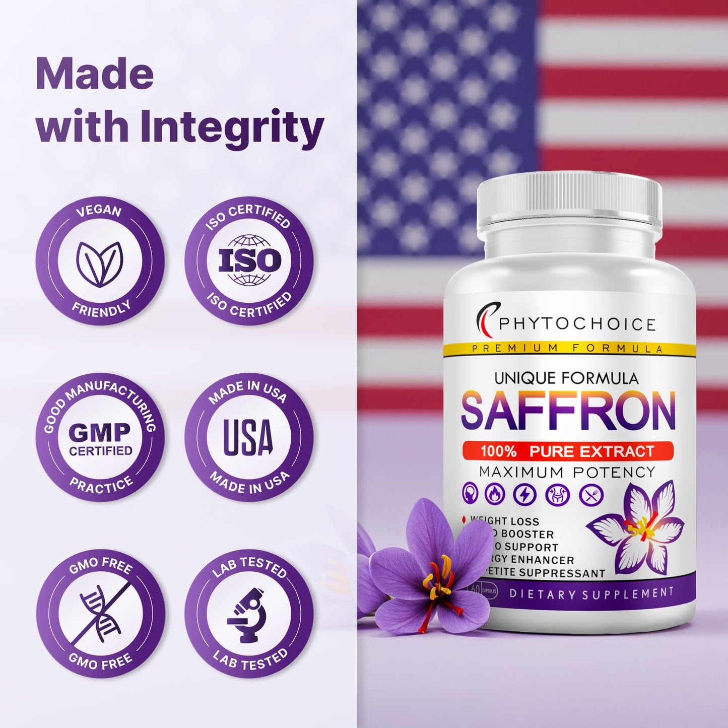 Saffron Supplements - 88.5 mg Pure Saffron Extract Capsules | Mood, Focus, Eye Health - Made in USA
