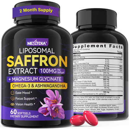 Saffron Supplements - 100mg Liposomal High Absorption | 100% Pure Saffron Extract + Magnesium Glycinate, Omega-3, Turmeric, Ashwagandha, B6, B12, D3 - 60 Softgels