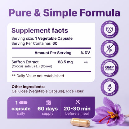 Pure Saffron Extract 88.5 mg - Mood, Focus & Vision Support | Made in USA | 60 Capsules