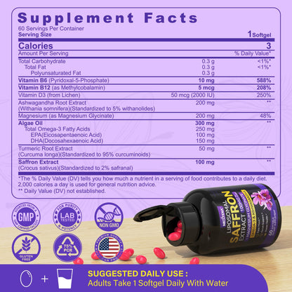 Saffron Supplements - 100mg Liposomal High Absorption | 100% Pure Saffron Extract + Magnesium Glycinate, Omega-3, Turmeric, Ashwagandha, B6, B12, D3 - 60 Softgels