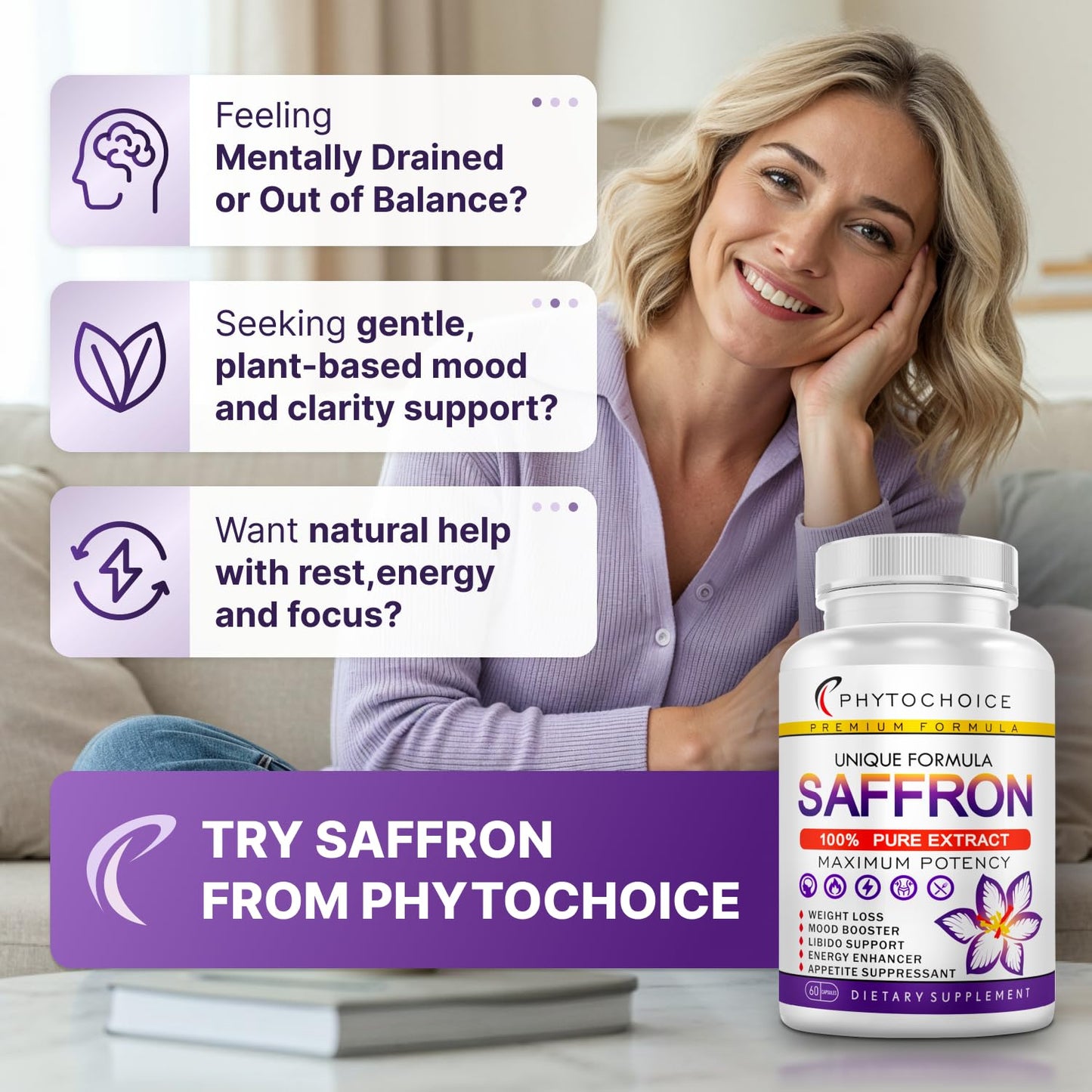 Pure Saffron Extract 88.5 mg - Mood, Focus & Vision Support | Made in USA | 60 Capsules