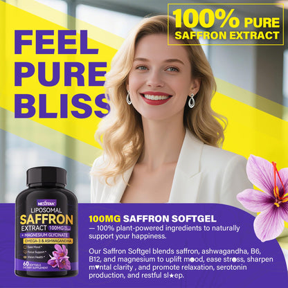 Saffron Supplements - 100mg Liposomal High Absorption | 100% Pure Saffron Extract + Magnesium Glycinate, Omega-3, Turmeric, Ashwagandha, B6, B12, D3 - 60 Softgels