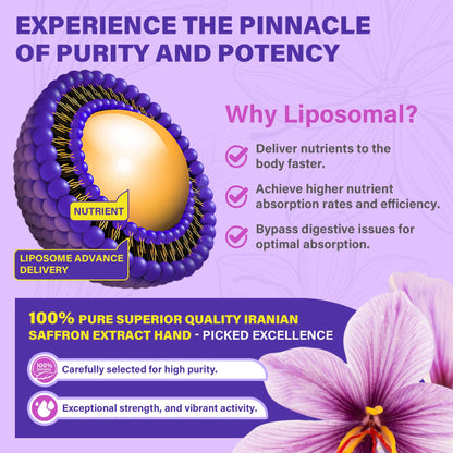 Saffron Supplements - 100mg Liposomal High Absorption | 100% Pure Saffron Extract + Magnesium Glycinate, Omega-3, Turmeric, Ashwagandha, B6, B12, D3 - 60 Softgels